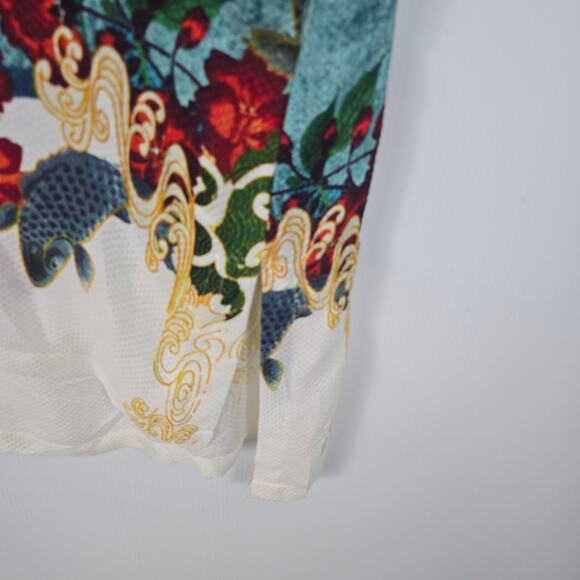 Citron Silk Sleeveless V-Neck Top Floral Koi Snake Textured Print Long Line M - Picture 4 of 8